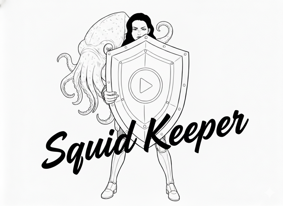 A stylish black-and-white, superhero-style illustration of a woman with long hair holding a shield, fiercely protecting a squid behind her. The text 'Squid Keeper' is featured in a sleek, oblique script.